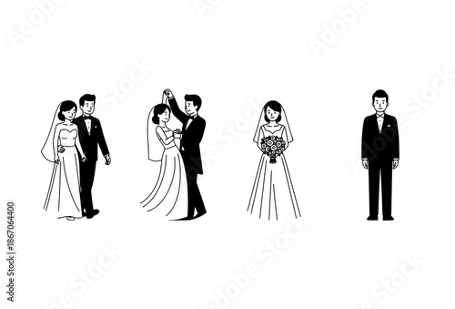 Bride and Groom Wedding Pose Collection in Four Frame Flat Vector Illustration