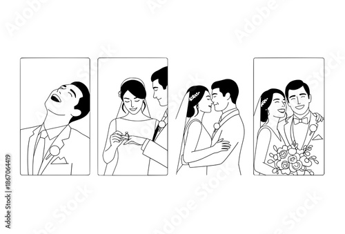Wedding Bride and Groom Moments in Four Frame Minimal Flat Vector Set