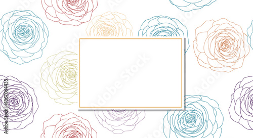 Seamless pattern featuring multi colored rose flower outlines with a central white rectangular frame for titles and text.