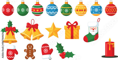 Christmas decoration vector illustration set featuring ornaments bells gifts stockings candle and festive holiday elements isolated