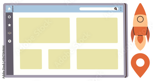 Digital marketing, web design, user interface, online navigation, startup development, technology. A blank webpage template with a rocket and location icon. Web design and online navigation concept
