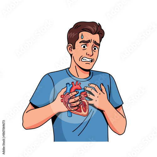 Illustration of a worried man clutching his heart with a drop of sweat on his forehead, conveying a stressed and anxious mood against a clean white background.