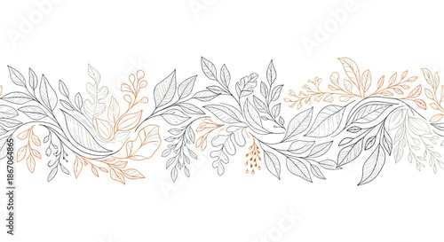 Seamless horizontal border pattern featuring hand drawn leaves and branches in black and bronze ink on a white background.