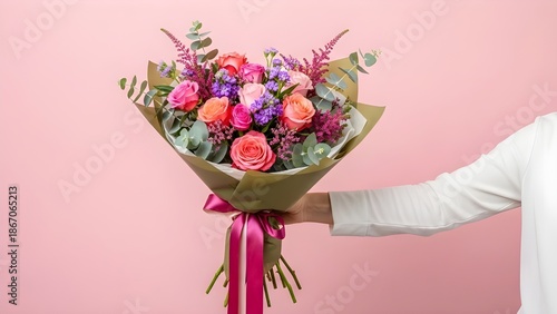 Hand Holding a Large Bouquet of Pink and Orange Roses Against Pink Wall