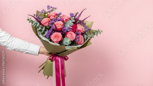 Person Holding a Beautiful Flower Bouquet of Roses and Eucalyptus