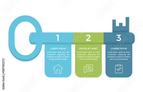 Infographic template showing key to success concept with three numbered colorful sections