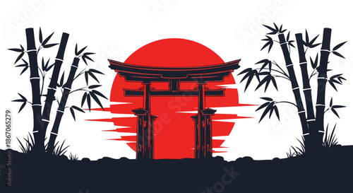 Serene japan style landscape with bamboo and temple at sunset