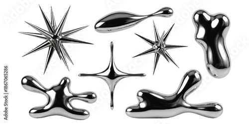 A captivating collection of abstract chrome 3d shapes showcasing fluid and spiky metallic forms