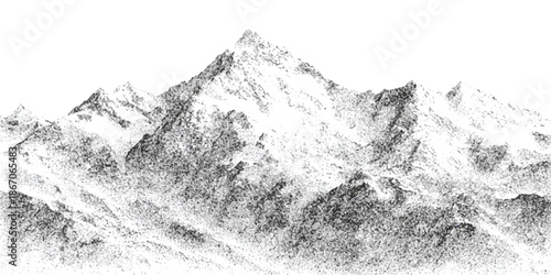 Hand-drawn stipple illustration of a majestic snow-capped mountain range peak in monochrome