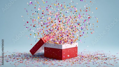 Elegant photo of Explosion of colorful confetti popping out from an open red gift box on a light blue background