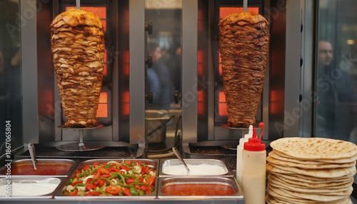 Vertical döner kebabs rotating behind a counter with fresh ingredients and flatbreads, showcasing traditional Turkish street food culture, fast dining experience, and authentic culinary preparation.