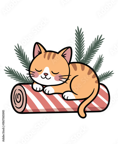 A cute digital illustration of an orange and
cream-colored cat sleeping contentedly on a striped candy cane log