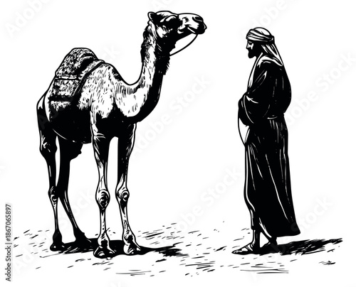 Hand drawn line art illustration of a desert traveler and a camel depicting them standing together for ancient or middle eastern themes