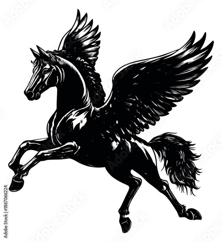 Hand drawn line art illustration of a pegasus depicting powerful flight for mythological themes