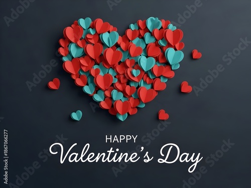 Happy Valentine's Day banner. Holiday background design with big heart made of pink, red and blue Origami Hearts on black fabric background, header for website. Horizontal poster, flyer, greeting card