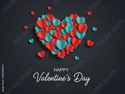 Happy Valentine's Day banner. Holiday background design with big heart made of pink, red and blue Origami Hearts on black fabric background, header for website. Horizontal poster, flyer, greeting card