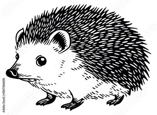 Hand drawn line art illustration of a hedgehog depicting an adorable small mammal for nature and animal concepts