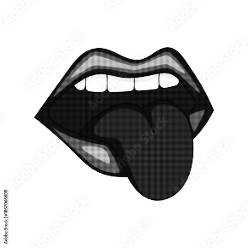 Open mouth with tongue out illustration in black and white halftone style. Bold pop art lips symbol showing attitude, taste or playfulness, modern graphic design isolated on white background.