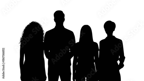 Four diverse people standing together in silhouette against a bright white background