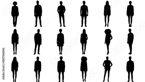 Diverse collection of human silhouettes in various standing poses for graphic design projects
