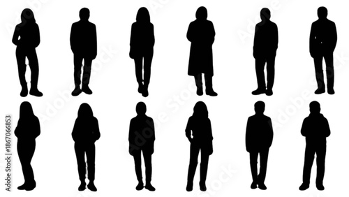 Diverse group of anonymous standing people silhouettes in a minimalist black and white composition