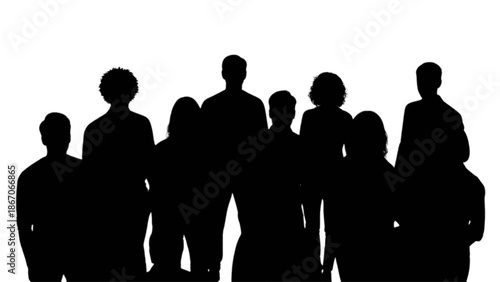 Diverse group of individuals standing together in striking silhouette against a bright white background