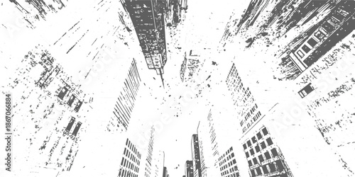 Abstract urban cityscape with grunge texture looking up at towering buildings