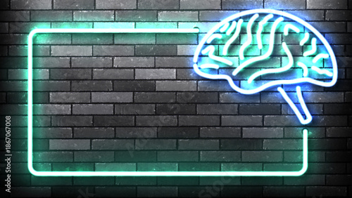 Vector neon frame with a brain isolated on wall background. Concept of science and quiz.