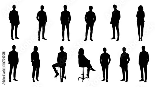 Collection of diverse male and female human silhouettes in various standing and sitting poses