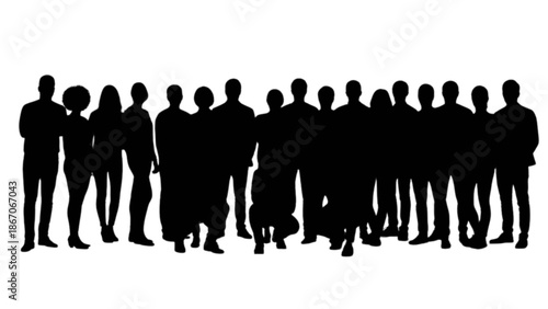 A large diverse group of people standing as striking black silhouettes against a clean white background