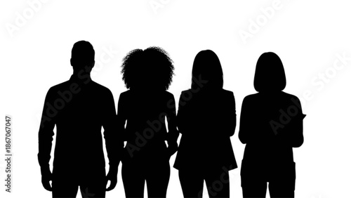 Diverse group of professional business people standing together as silhouettes against a white background