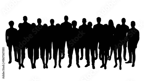 Group of diverse people standing together in silhouette against a clean white background, representing unity and community