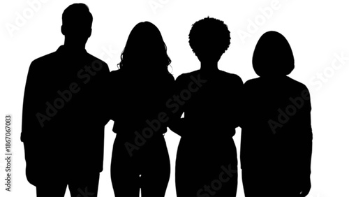 Four diverse people in silhouette standing together symbolizing unity and teamwork