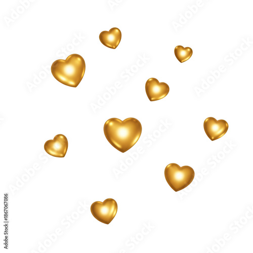 Golden hearts isolated on transparent background