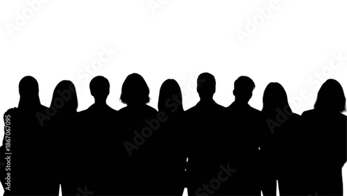 A diverse group of anonymous individuals standing together in stark silhouette against a clean white backdrop