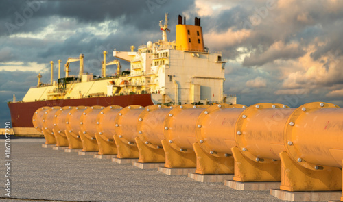 Pipelines leading the LNG terminal and the LNG tanker.3D rendering.