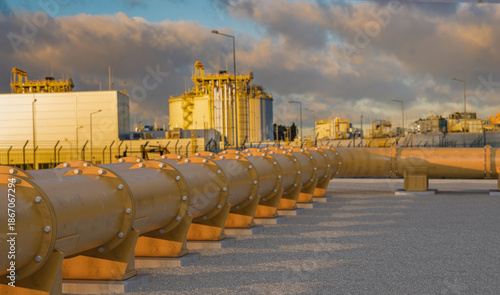 Pipelines leading the LNG terminal.3D rendering.