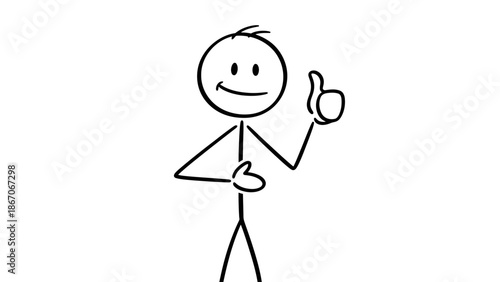 Happy Stick Figure Person Giving Thumbs Up and Smiling on Isolated White Background