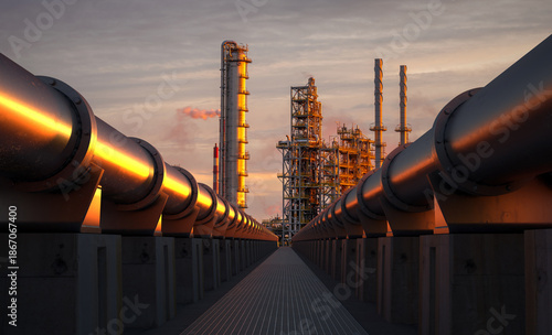 system of metal pipelines supplying gas to a modern factory.3D rendering.