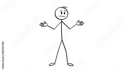 Confused Stick Figure Man Shrugging Shoulders and Expressing Uncertainty in Isolated White Background