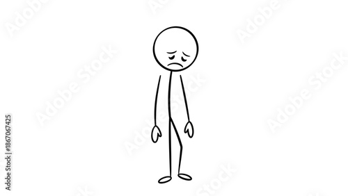 Very Sad Stick Figure Man Frowning Deeply Feeling Unhappy in Isolated White Background