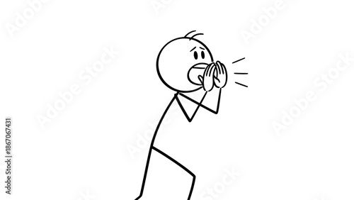 Stick figure man shouting loudly with hands cupped around his mouth, conveying an urgent message on an isolated white background.