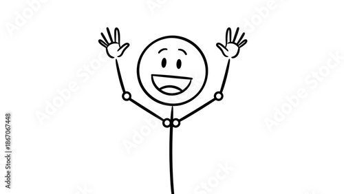 Happy Stick Figure Man Waving Hand with a Friendly Smile on Isolated White Background