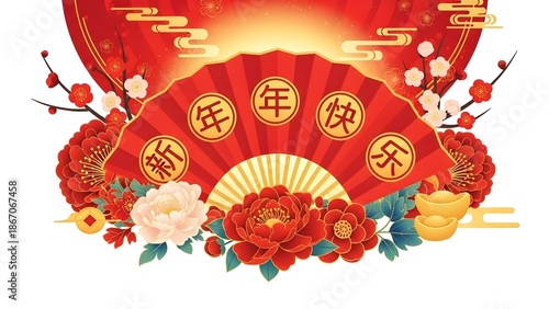 Vibrant Chinese New Year celebration with red fan, flowers, and gold coins.