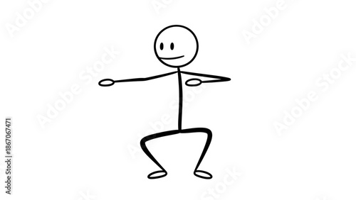 Active Stick Figure Man Doing a Squat or Balancing Pose in Isolated White Background