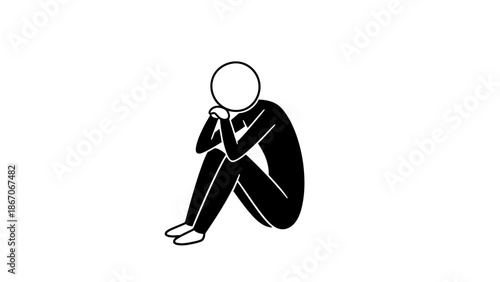 Depressed Stick Figure Man Sitting Alone, Hugging Knees, on Isolated White Background