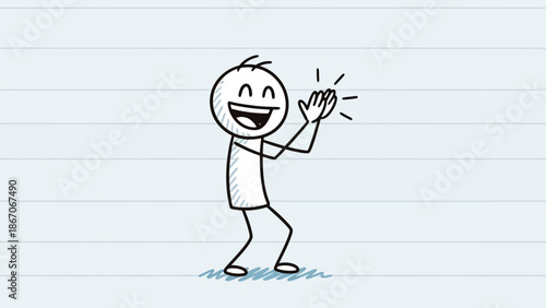 Happy stick figure person enthusiastically clapping hands on a lined paper background, conveying applause.