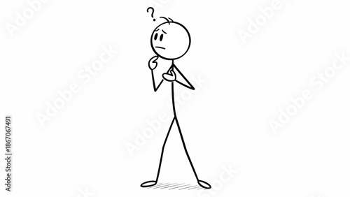Confused Stick Figure Man Thinking with Question Mark on Head, Isolated White Background