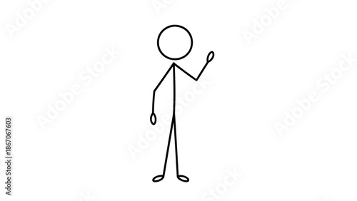 Friendly Stick Figure Man Waving Hand to Greet or Say Goodbye on Isolated White Background