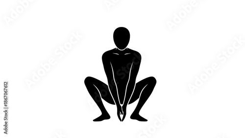 Silhouette of a Stick Figure Man Squatting or Meditating on Isolated White Background